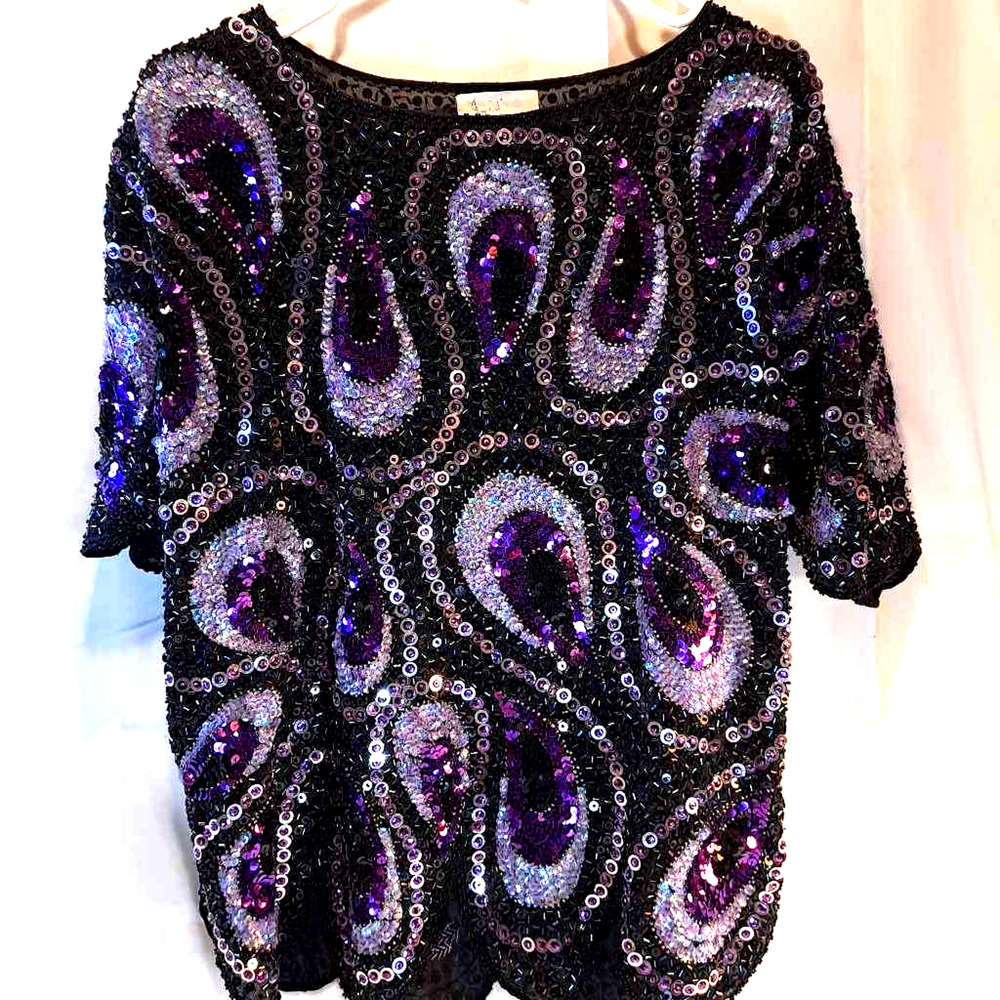 Iris Women's Blouse Multicolor Short Sleeve, Sequin Beaded Evening L/XL